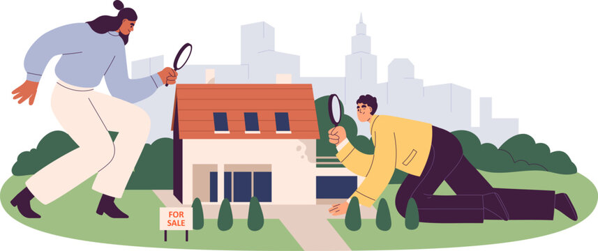 Real estate agents studying house for sale. Property, building inspection, appraisal and research concept. Experts with magnifying glass and home. Flat vector illustration isolated on white background