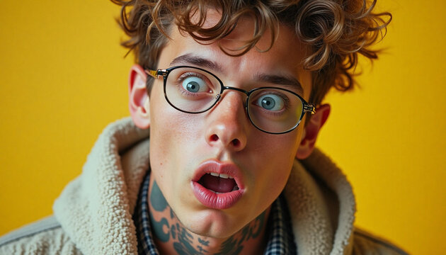 surprised young man with curly hair and glasses looking with wide open eyes and mouth against a yellow background