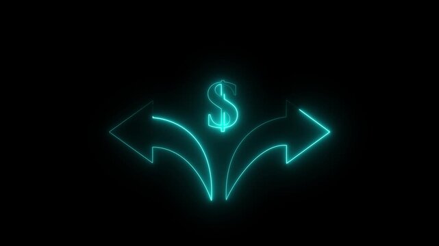 cyne glowing neon arrows the dollar between point left right side on a black background . 2 direction arrow icon animation.4k motion graphics. video..