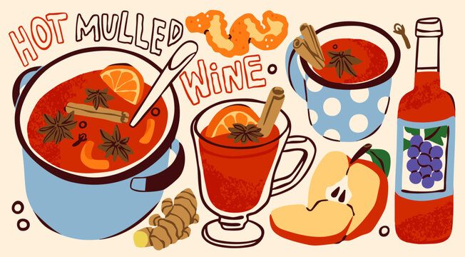 Mulled Wine set. Hot drink with spices in pan, cups, wine bottle, pot, apple, citrus peel, ginger. Cozy weather, autumn, Christmas concept. Hand drawn Vector illustration. Isolated design elements