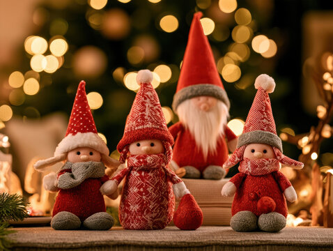 charming christmas gnomes handcrafted plush santa elves holiday table display cozy winter interior lights festive home decoration magical new year mood seasonal ornament traditional craft background