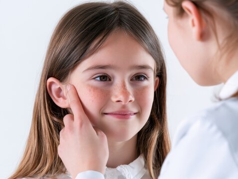 gentle pediatrician touching little girl cheek close up medical checkup child health care skin inspection family doctor consultation pediatric clinical examination soft smile white studio background