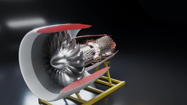 Turbofan Jet Engine Cutaway Running, Rotating Fan, Compressor Stages and Combustion Chamber, Seamless Loop 4K