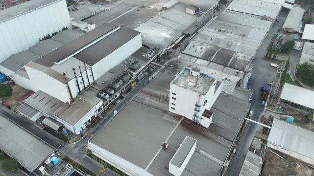 Aerial view of large industrial infrastructure, factories, and manufacturing facilities in West Java