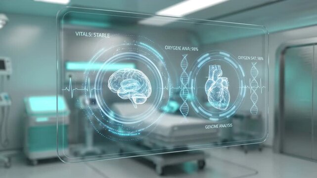 HUD, technology display loading medical data with brain scan and heart monitoring inside hospital room during patient care process with digital interface and futuristic innovation graphics.