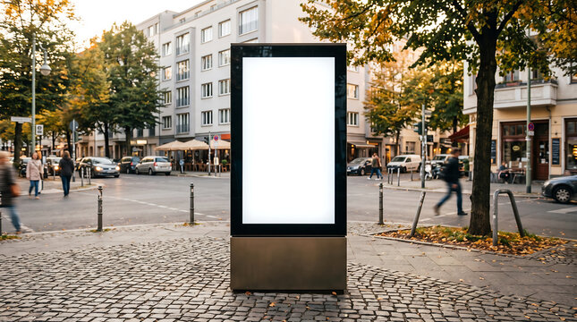 Blank digital advertising billboard mockup on a city street with pedestrians and cars in a public square