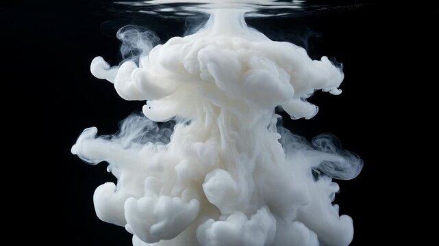 Dense white ink swirling and expanding underwater, creating voluminous clouds in slow motion