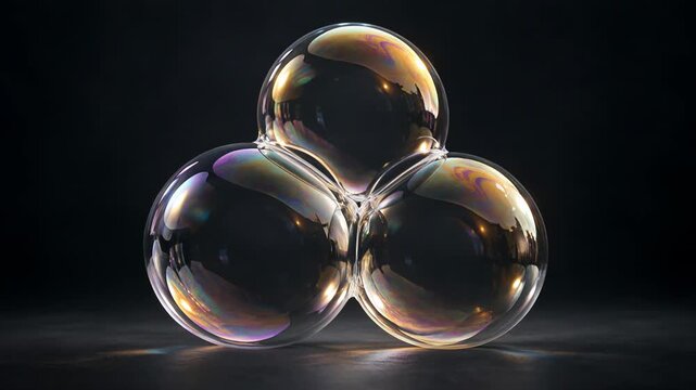 Transparent soap bubbles gleaming with rainbow reflections, slowly shifting on a dark surface