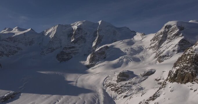 Panoramic view of snow-covered alpine peaks, sweeping glacier slopes and ski tracks across the snow. A cinematic winter mountain landscape for skiing holidays, resorts and alpine travel.