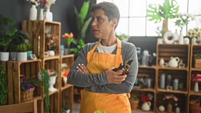 Woman florist in orange apron stands with arms crossed holding pruning shears and looks sideways in a studio; determination.