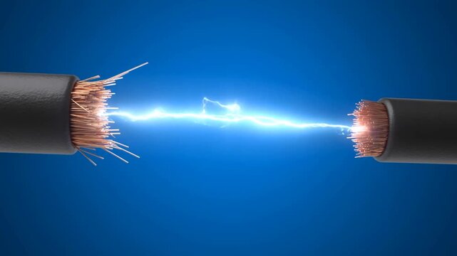 Electric arc bridges exposed copper wires between severed cables against a blue background