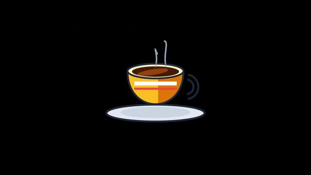 A flat vector animation of a steaming coffee mug resting on a saucer with gentle floating bob motion and soft ground shadow