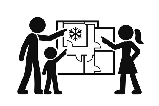 Family Identifying the Coolest Room on a Floor Plan During a Heat Emergency