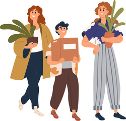 Plakat People carrying cardboard box, house plants in pots, moving to new home. Happy family holding packages, belongings, stuff during relocation. Flat vector illustration isolated on white background.