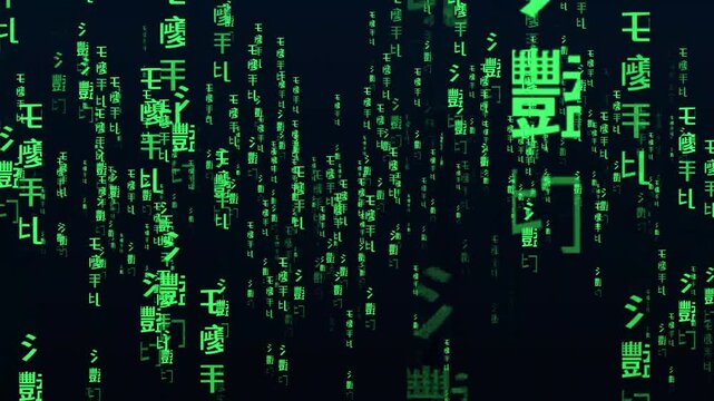 Green Digital Code Rain Falling on Black Background, Glowing Matrix Style Symbols and Vertical Data Streams, Futuristic Cyber Technology Animation for Motion Graphics