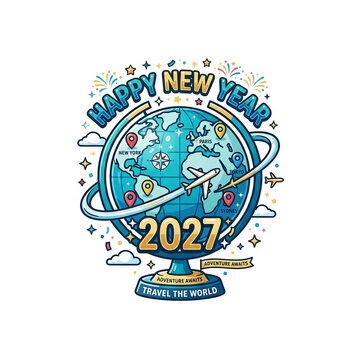 Blue globe map travel sticker with airplanes and location pins for happy new year 2027 adventure awaits theme.
