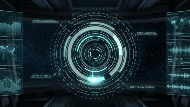 HUD technology displaying glowing circles loading interface data on digital screen, showcasing futuristic science system background with computer graphics animation visual elements.