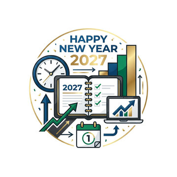 Happy new year 2027 business sticker with growth charts, laptop, and planning notebook.