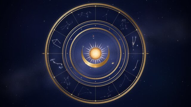 Golden Zodiac Constellation Wheel Rotating in Night Sky Seamless Loop