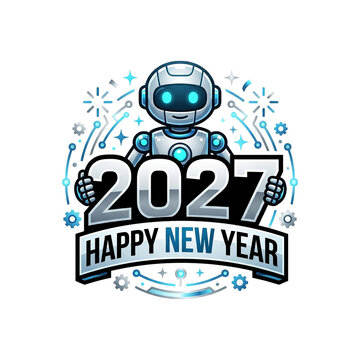 Happy new year 2027 sticker with a friendly robot and metallic accents.