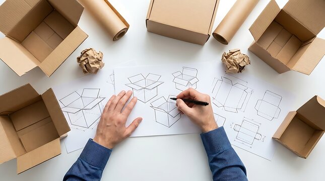 Designer sketches cardboard box packaging options while crafting prototypes and raw materials for product design and manufacturing needs.