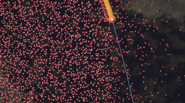 Aerial Cranberry Bog Harvest Boom Corralling Floating Red Berries