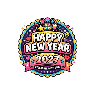 Happy new year 2027 sticker with colorful confetti, disco ball, and stars for joyful celebration.