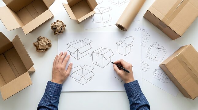 Designer sketches cardboard box packaging options while crafting prototypes and raw materials for product design and manufacturing needs.