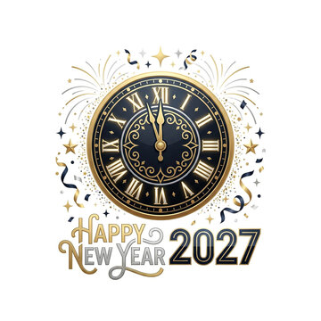 Happy new year 2027 sticker with vintage black and gold clock and fireworks for countdown celebration.