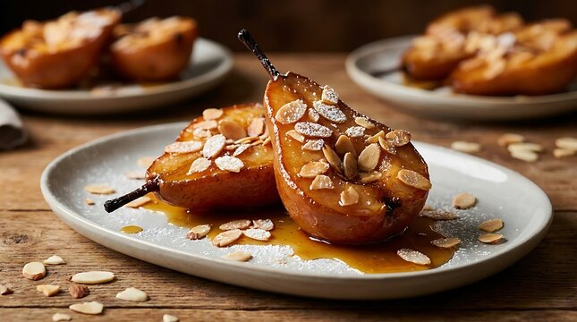 Two halves of baked pears drizzled with syrup and sprinkled with slivered almonds and powdered sugar on white plate.