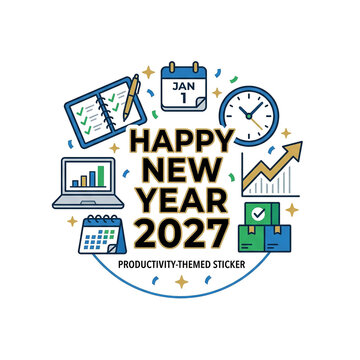 Productivity themed sticker for happy new year 2027 with business and planning elements.