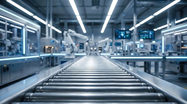 Automated robotic arms work on a conveyor belt in a modern, brightly lit factory, producing advanced technology products with precision.