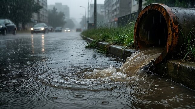 Stormwater runoff flows from concrete pipe into street during heavy rain creating ripples and puddles reflecting car headlights on wet asphalt.