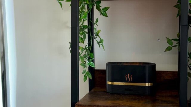 black flame effect aroma diffuser with a glowing orange mist rising on a rustic wooden shelf surrounded by green plants. Concept of cozy home atmosphere, wellness and aromatherapy.