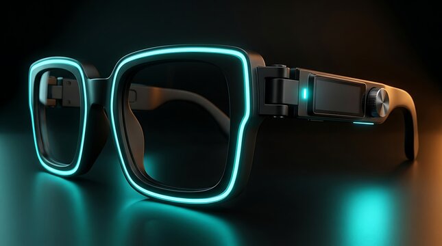 Futuristic smart glasses with glowing neon blue frames and integrated screen display advanced augmented reality technology.