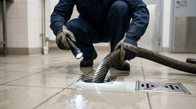 Plumber inspects drain with flashlight holding hose for cleaning clogged sewer pipe in dirty industrial room floor with water.