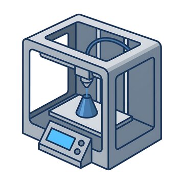 3D printer in gray color, creating object with blue filament in laboratory or workshop for rapid prototyping.