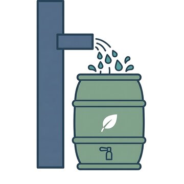 Rain barrel with leaf symbol collecting rainwater from downspout for eco-friendly water conservation and gardening.