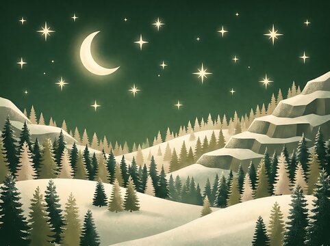 A stylized nighttime winter landscape illustration with a crescent moon and stars, evoking a serene and magical atmosphere.