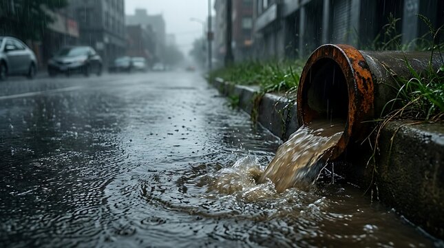 Urban storm drain pouring dirty water onto wet street pavement during heavy rainfall, emphasizing environmental pollution and infrastructure.