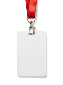 Blank white identification badge with red lanyard and silver clip, isolated on white background, ready for customization and branding.