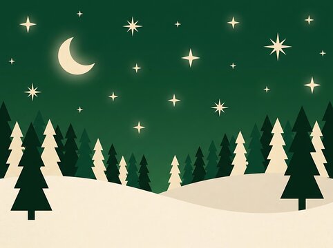 Stylized winter night landscape with snow drifts, evergreen trees, and glowing crescent moon and stars in dark green sky, suitable for holiday cards and backgrounds.