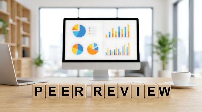 Peer review concept with wooden blocks on a clean desk next to a laptop computer and a monitor displaying data charts in an office environment.