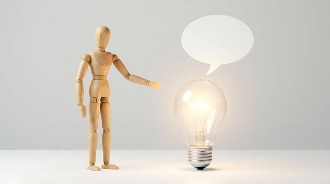 Wooden mannequin pointing at a glowing light bulb with an empty speech bubble above it on a light gray background.