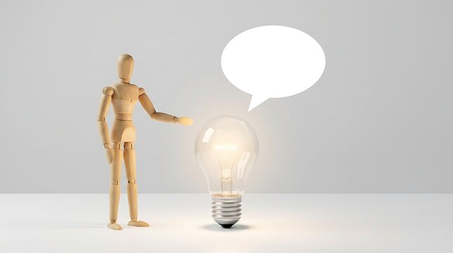 Wooden mannequin pointing at a glowing light bulb with an empty speech bubble above it on a light gray background.