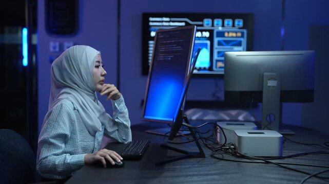 Muslim female software developer in hijab coding on multiple monitors in dark office, Happy programmer working on IT system and software development, Modern technology, cybersecurity and data concept