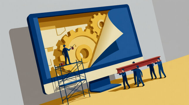 Workers repairing large golden gears on a computer screen