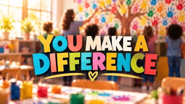 Colorful Classroom Mural with Children and "YOU MAKE A DIFFERENCE" Text Celebrating Teaching and Positive Impact