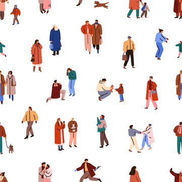 People walking in winter, seamless pattern. Endless background, repeating print, happy characters, families, children in snow street, outdoor on wintertime, Christmas holiday. Flat vector illustration
