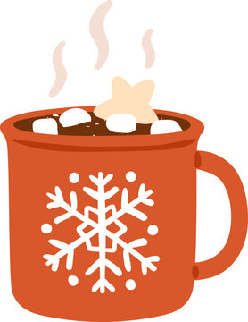 Cocoa with marshmallow in cup. Winter drink, hot chocolate in Christmas mug. Warm sweet Xmas cacao, choco beverage with yummy candies and steam. Flat vector illustration isolated on white background.